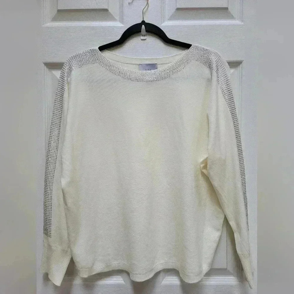 LIV Milano Women's Cotton Cream Rhinestone Studded Shoulder & Sleeves Size Large